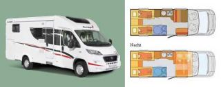 Reisemobil mieten für 2 - 4 Personen, Mod. 2022, Länge: ca. 7,43 m, Höhe 2,91 m, 2-4 Schlafplätze, 4 Sitzplätze, Frischwasser 117 L, Abwassertank 110 L, Gasversorgung 2 mal 11 kg, Servo, Kraftstofftank 80 L, Durchschnittsverbrauch 10-12 L.